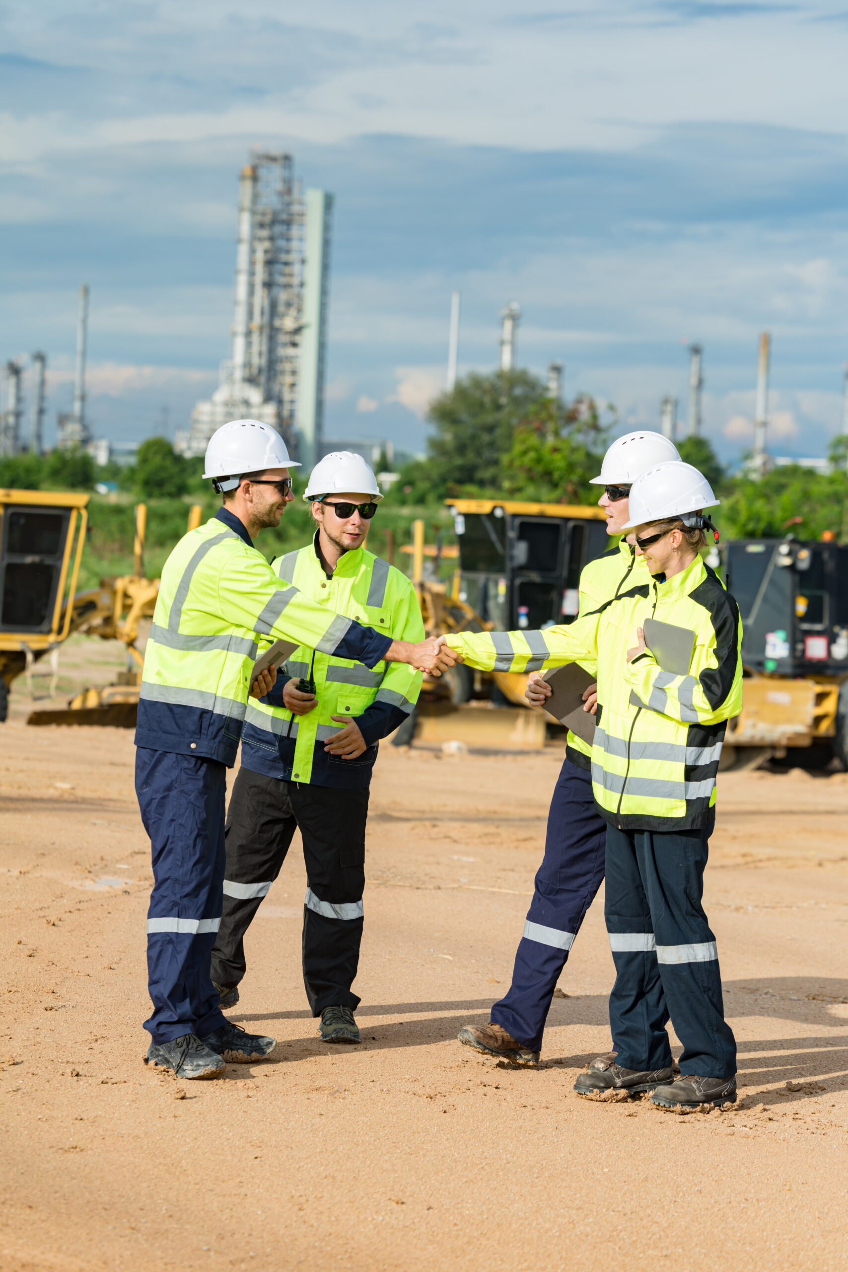 Engineer team project planning outdoor survey team, industry factory construction site. teamwork meeting . cooperation workers